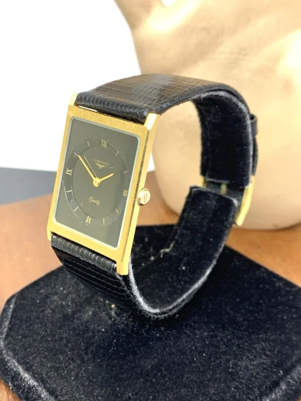 Longines Men's Watch Vintage Swiss Quartz Black Dial Gold Tone Case Tank Leather